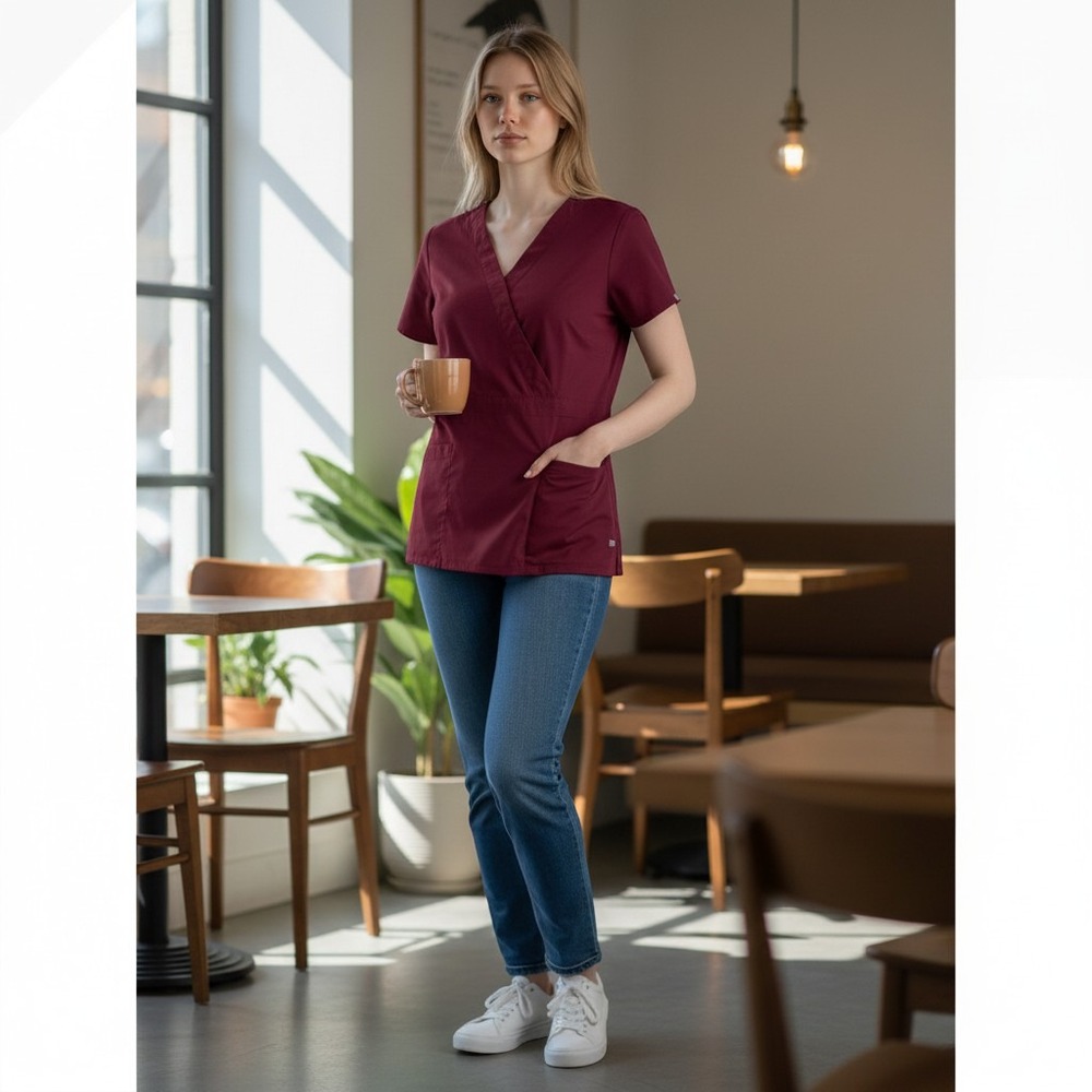 Greys Anatomy by Barco Mock Wrap Scrub Top Burgundy Wine Small 41101‎